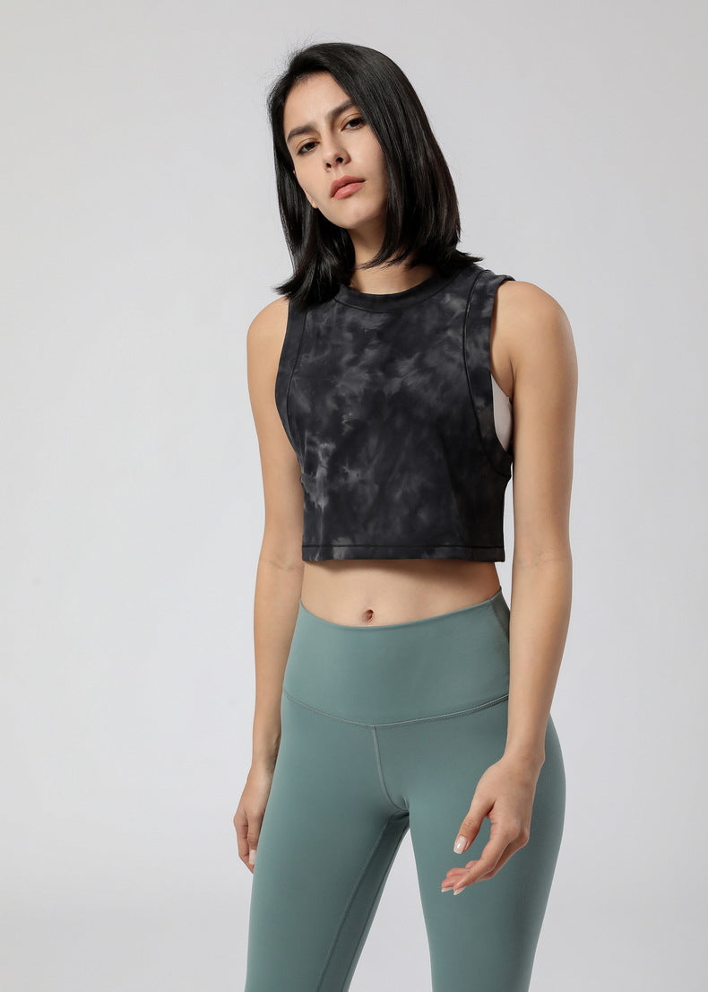 Yoga Tops Camisole Tie-dye Retro Loose Nylon Short Round Neck 4 Colors to Choose From Sports Lightweight S-XL