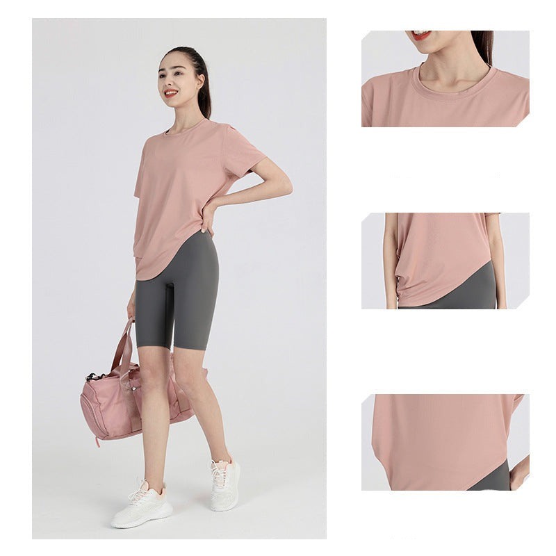 ヨガトップス 半袖  ラウンドネック 無地 4色選択可  通気性 薄手 イレギュラー カジュアル スウィート エレガント✿ 気質溢れる♪ 綺麗め 合わせやすい S~XL