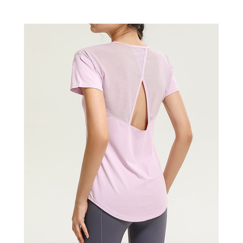 Yoga top, short sleeves, round neck, 4 colors to choose from, breathable, quick drying, sweat absorbing, contrasting, tulle, stylish, simple, casual, elegant, retro, sexy, S~XL