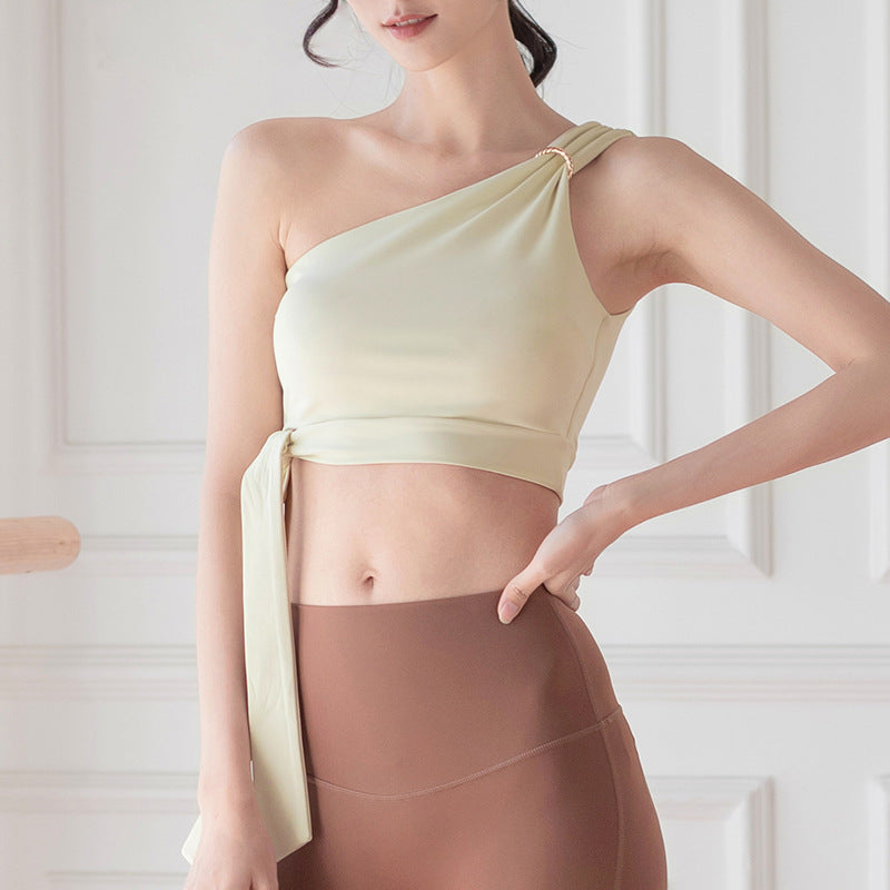 Yoga tops, bra tops, bras, 5 colors, with cups, breathable, quick-drying, stretchy, ribbon, one-shoulder, ribbon, open back, no wires, belly button exposed, stylish, recommended, Pilates, fitness, sports, S~XL