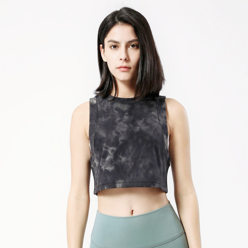 Yoga Tops Camisole Tie-dye Retro Loose Nylon Short Round Neck 4 Colors to Choose From Sports Lightweight S-XL