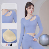 Yoga top, long sleeves, with cups, no shaking, belly button exposed, wide hem, finger holes, stylish bustier, stretch, sweat absorbing, quick drying, breathable, large size, sexy, asymmetrical, 4 colors, openwork, Pilates, sports, fitness, running, S-XXL