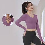 Yoga top, long sleeves, back cross, wide hem, finger holes, cupped, open back, flattering, belly button exposed, stylish, stretchy, quick drying, cute, large size, breathable, sexy, round neck, 3 colors, sports, fitness, running, S-XXL 