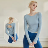 Yoga wear tops, long sleeves, open back, long sleeves, no belly, cute back, curved hem, U-neck, ribbed, 4 colors available, stretchy, stylish, sweat-wicking, quick-drying, neat, sports, fitness, gym, Pilates, running, S-XL 