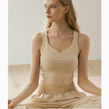 タンクトップ ヨガトップス カップ付き 盛れる 揺れない お腹が出ない 広幅肩紐 vネック おしゃれ ストレッチ 速乾 ゆったり 細見え 体型カバー ナチュラル 全4色 スポーツ フィットネス ピラティス ランニング S-L