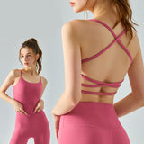 Yoga Camisole with Cups, Back Cross, Triangle Hem, Open Back, Full, No Shaking, No Wires, Asymmetrical, Off-Shoulder, Sports, Fitness, Stylish, Quick Drying, Neat, Sexy, Available in 4 Colors, S-XL 