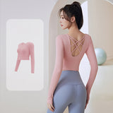 Yoga top, long sleeves, back cross, wide hem, finger holes, cupped, open back, flattering, belly button exposed, stylish, stretchy, quick drying, cute, large size, breathable, sexy, round neck, 3 colors, sports, fitness, running, S-XXL 