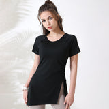 Yoga T-shirt, short sleeves, yoga wear, top, long, round neck, 5 colors available, thin, hip concealment, drawstring, shirring, side slits, quick drying, casual, popular, body coverage, loose, breathable, slim, elegant, running, fitness, sports, S~L 