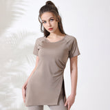 Yoga T-shirt, short sleeves, yoga wear, top, long, round neck, 5 colors available, thin, hip concealment, drawstring, shirring, side slits, quick drying, casual, popular, body coverage, loose, breathable, slim, elegant, running, fitness, sports, S~L 