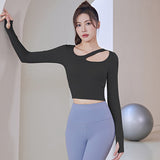 Yoga top, long sleeves, with cups, no shaking, belly button exposed, wide hem, finger holes, stylish bustier, stretch, sweat absorbing, quick drying, breathable, large size, sexy, asymmetrical, 4 colors, openwork, Pilates, sports, fitness, running, S-XXL