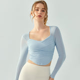 Yoga top with cups, open back, tulle, long sleeves, curved hem, quick drying, thin, clean, breathable, see-through, cross, gathered, short length, sheer, square neck, 4 colors, no wires, sports, fitness, stylish, S-XL 