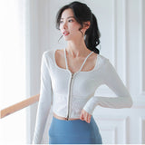 Yoga Tops Cardigans with Finger Holes, Long Sleeves, Front Opening, Curved Hem, Ribbed, Cropped Length, Halter Neck, Breathable, Casual, 4 Colors, Soft, Elastic, Sports, Fitness, Gym, Pilates, Running, Stylish, Comfortable, S-XL