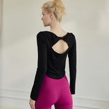 Yoga wear tops, long sleeves, open back, long sleeves, no belly, cute back, curved hem, U-neck, ribbed, 4 colors available, stretchy, stylish, sweat-wicking, quick-drying, neat, sports, fitness, gym, Pilates, running, S-XL 