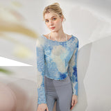 Women's yoga wear cross-border summer new long sleeve tie-dye top fitness mesh loose thin one-shoulder T-shirt blouse for women 