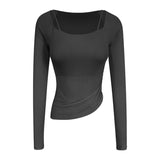 Fashionable and elegant fake two-piece imported lightweight stretch mesh splicing, comfortable, breathable and snug fitting yoga clothes 