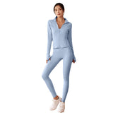 Tight Fit Naked Stand Collar Zipper Yoga Suit Women's Fitness Short Jacket Sports 2 Piece Set 