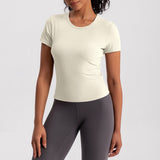ヨガtシャツ 半袖 ストレッチ シャーリング ラウンドネック リブ クロップド丈 スポーツ ランニング  速乾 細見え 体型カバー 全6色 ヨガトップス 羽織り S-XL