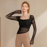 Fashionable and elegant fake two-piece imported lightweight stretch mesh splicing, comfortable, breathable and snug fitting yoga clothes 