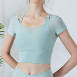 Breathable Faux 2 Piece Pure Rust Style Halter Neck with Chest Pads Short Sleeve Yoga Clothes for Women Tight Fit Navel Exposing Slimming Sports Tops 