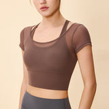 Breathable Faux 2 Piece Pure Rust Style Halter Neck with Chest Pads Short Sleeve Yoga Clothes for Women Tight Fit Navel Exposing Slimming Sports Tops 