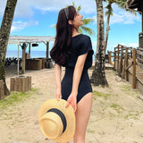 One-piece swimsuit, beautiful, feminine, feminine, V-neck, short sleeves, solid color, high waist, breathable, belly cover, lightweight, padded, super-boosting, wire, gathered chest, pool, beachwear, resort, sea, hot spring, black, white, M-XL