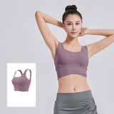 ヨガブラトップ カップ付き ワイヤーなし 広幅肩紐 幅広ヘム レーサーバック スポーツ フィットネス Uネック 無地 全6色