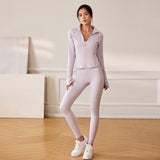 Tight Fit Naked Stand Collar Zipper Yoga Suit Women's Fitness Short Jacket Sports 2 Piece Set 