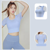 Yoga top with cups, tulle, see-through, round neck, 3 colors, short sleeves, wide hem, racer back, fuller, breathable, sexy, no shaking, belly button exposed, no wires, yoga t-shirt, sports, fitness, running, stylish, quick-drying, thin, large size, S-XXL