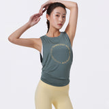 Tank top, yoga top, round neck, back ribbon, sleeveless, alphabet, won't turn up, belly button exposed, slimming, breathable, fitness, Pilates, gym, loose, simple, S~L 