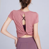 Short sleeve yoga top, round neck, sports, open back, plain, slimming, Korean style♥, yoga wear, beautiful, S~L