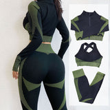 Yoga set, outerwear + bra top + leggings, three-piece set, long sleeves, sports, zipper, quick-drying, slimming, beautiful, training, S~L