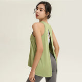 Tank top, cover-up, yoga top, round neck, open back, 8 colors, sleeveless, plain, no belly, long, fitness, sports, comfortable, soft, simple, sweat-absorbing, quick-drying, cute, back ribbon, body-covering, loose, running, S~XL 