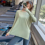 Yoga tops, long sleeves, loose fit, nylon, solid color, see-through, side slits, 4 colors, large size, quick drying, cover up, hides belly, running, fitness, sports, gym, S~XL 