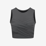 Tank top, yoga top, cross, gather, with cup, round neck, 3 colors, sweat absorbing, quick drying, stretch, short length, belly button showing, support, stylish, slimming, gym, muscle training, plain, cute, Pilates, running, sports, fitness, SL 