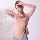 Yoga T-shirt, long sleeves, finger holes, gathers, asymmetrical, side slits, 4 colors, long, hides belly, V-neck, sports, fitness, running, comfortable, sweat-wicking, quick-drying, covers body shape, SL