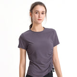 Yoga T-shirt, Yoga Top, Shirred, Round Neck, 4 Colors, Wrap-around, Long, Short Sleeve, Sweat Absorbent, Quick Drying, Loose Fit, Slimming, Breathable, Casual, Gathered, Curved Hem, Sports, Fitness, Running, S-XL