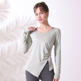 Yoga T-shirt, long sleeves, finger holes, gathers, asymmetrical, side slits, 4 colors, long, hides belly, V-neck, sports, fitness, running, comfortable, sweat-wicking, quick-drying, covers body shape, SL