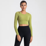 Yoga T-shirt, long sleeves, cupped, finger holes, fuller, open shoulders, no shaking, belly button exposed, cropped length, slimming, round neck, solid color, 4 colors available, sports, fitness, running, pilates, comfortable, yoga top, S-XL 