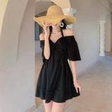 One-piece swimsuit, full of temperament♪ Simple, large size, Korean style♥ Beautiful, slim, V-neck, short sleeves, 3 colors to choose from, high waist, breathable, A-line, belly cover, L~XXL 