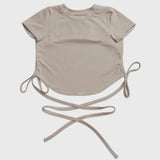 Yoga wear top, short sleeves, open back, belly button exposed, yoga t-shirt, upper arm cover, curved hem, back ribbon, short length, sexy, 4 colors available, sports, fitness, gym, running, pilates, stylish, cute, sweat absorbing, quick drying, S-XL