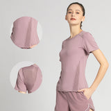 Yoga set, top, shorts, round neck, short sleeves, 3 colors to choose from, high waist, thin, tulle, sports, design, casual, retro, cute, this season's trend, sexy, stylish, S~XXXL 