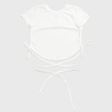 Yoga wear top, short sleeves, open back, belly button exposed, yoga t-shirt, upper arm cover, curved hem, back ribbon, short length, sexy, 4 colors available, sports, fitness, gym, running, pilates, stylish, cute, sweat absorbing, quick drying, S-XL