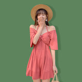 One-piece swimsuit, full of temperament♪ Simple, large size, Korean style♥ Beautiful, slim, V-neck, short sleeves, 3 colors to choose from, high waist, breathable, A-line, belly cover, L~XXL 