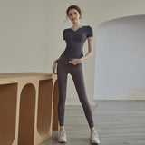 Short sleeve leggings, 2-piece set, V-neck, 6 colors to choose from, high waist, contrasting, sports, breathable, sweat absorbent, quick drying, belly cover, elastic waist, hip lift, slimming, daily fashion, high-end look, great value, S~XL 