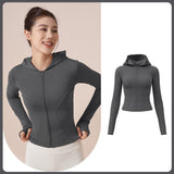 Yoga wear, hoodie, long sleeves, front opening, finger holes, stretch, comfortable, soft, slimming, large size, body coverage, straight bone structure, 3 colors, zipper, won't turn up, sports, fitness, running, outlet, cycling, S-XXL