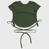 Yoga wear top, short sleeves, open back, belly button exposed, yoga t-shirt, upper arm cover, curved hem, back ribbon, short length, sexy, 4 colors available, sports, fitness, gym, running, pilates, stylish, cute, sweat absorbing, quick drying, S-XL