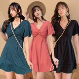 One-piece swimsuit, full of temperament♪ Simple, large size, Korean style♥ Beautiful, slim, V-neck, short sleeves, 3 colors to choose from, high waist, breathable, A-line, belly cover, L~XXL 