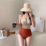 Two-piece swimsuit, sexy, V-neck, plain, large bust, small bust, with cups, 3 colors, high waist, breathable, quick drying, belly cover, padded, open back, non-wired, for pools, resorts, hot springs, M-XL