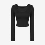 Yoga T-shirt, long sleeve, V-neck, stretchy, quick-drying, soft, breathable, casual, short length, ribbed, 4 colors, belly button-baring, sports, fitness, Pilates, running, SL 