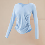 Yoga wear tops, long sleeves, wrap, yoga t-shirt, long, curved hem, gathers, not constricting, hides belly, sports, fitness, Pilates, running, quick drying, loose, soft, covers body shape, casual, 4 colors available, S-XL